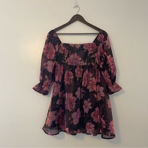Thirty Thirty Black and Pink Floral Organza Babydoll Mini Dress Medium